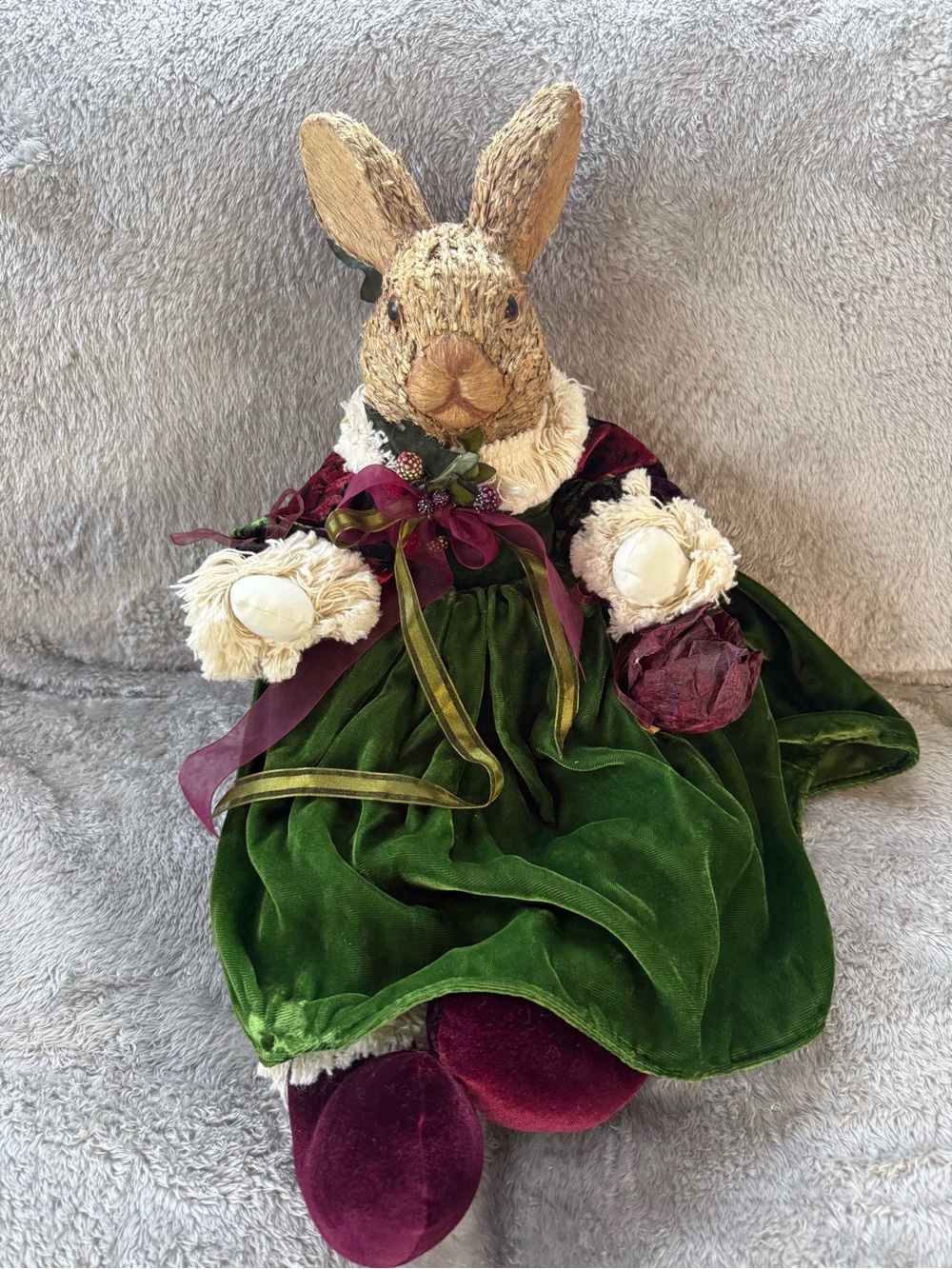 Plush Decorative Bunny in Green Velvet Dress